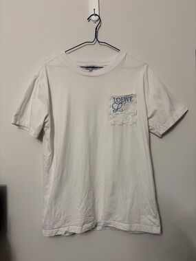 Loewe White Cotton Pocket Tee with Blue Logo